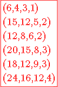 4$ \red \fbox{(6,4,3,1)\\(15,12,5,2)\\(12,8,6,2)\\(20,15,8,3)\\(18,12,9,3)\\(24,16,12,4)}